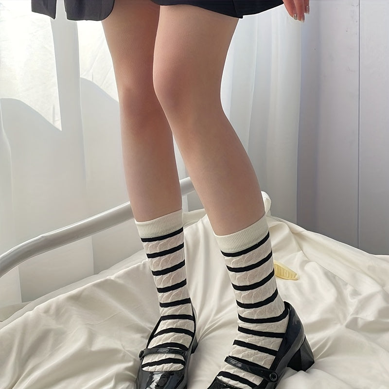 2 Pairs Striped Crew Socks Casual Comfy Mid Tube Women's Stockings