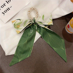 Ribbon Bow Hair Tie with Faux Pearl, Letter Print Ponytail Holder