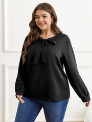  Solid Tie Front Lantern Sleeve Blouse