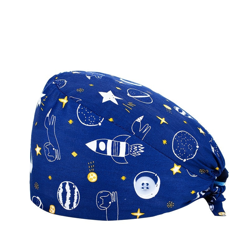 Cartoon Print Work Hat Adjustable Nurse Hat With Buttons Elastic Scrub Cap