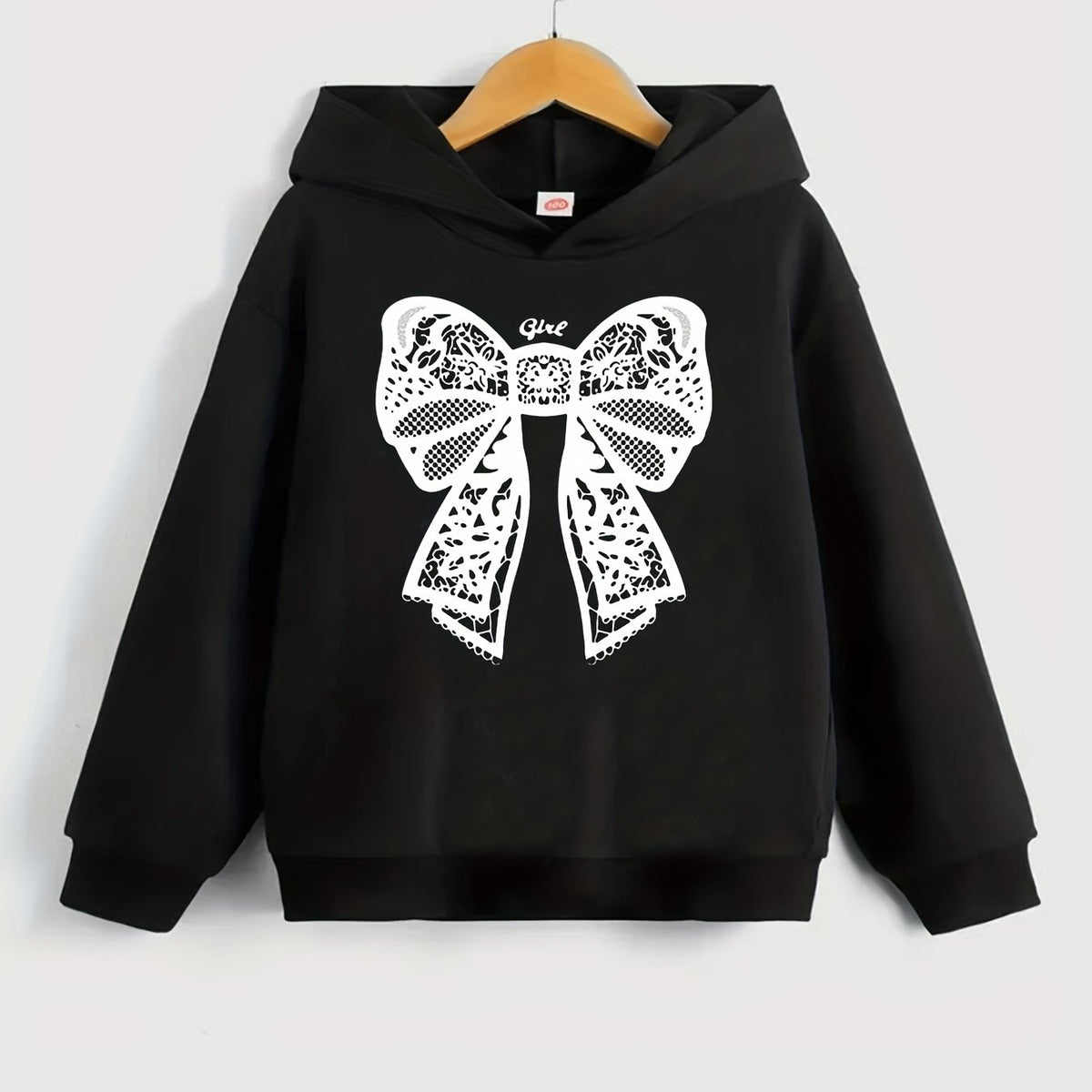 Girls Bow Print Hooded Sweatshirt Top Long Sleeve Pullovers Spring Autumn