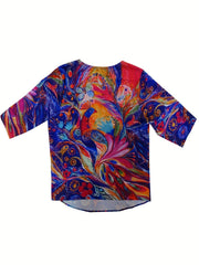 Floral & Bird Print 3/4 Sleeve Blouse