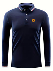 Men's Horse Riding Print Long Sleeve Polo Shirt Casual Button Up Top