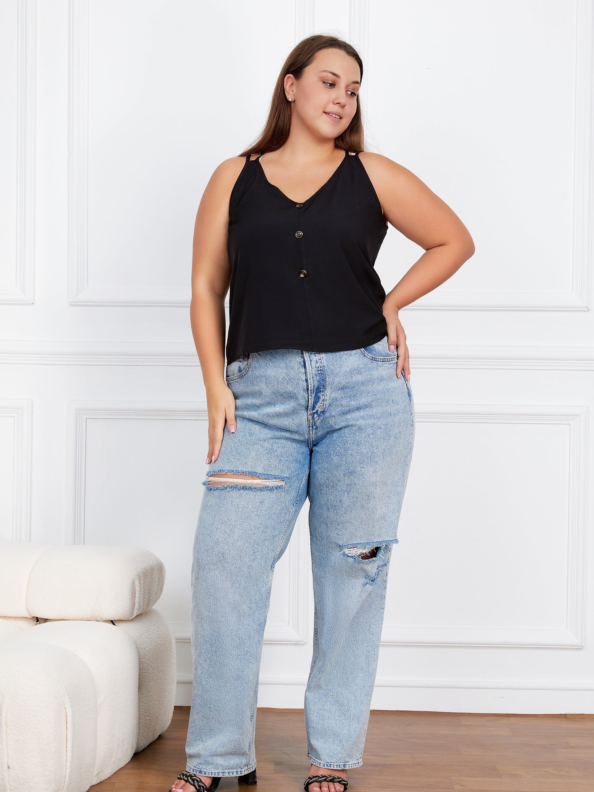  Casual Tank Top Women's Plus Plain Button Decor V Neck