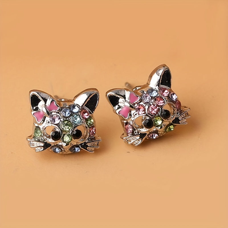 Colorful Rhinestone Cat Jewelry Set - Pendant Necklace & Earrings & Ring