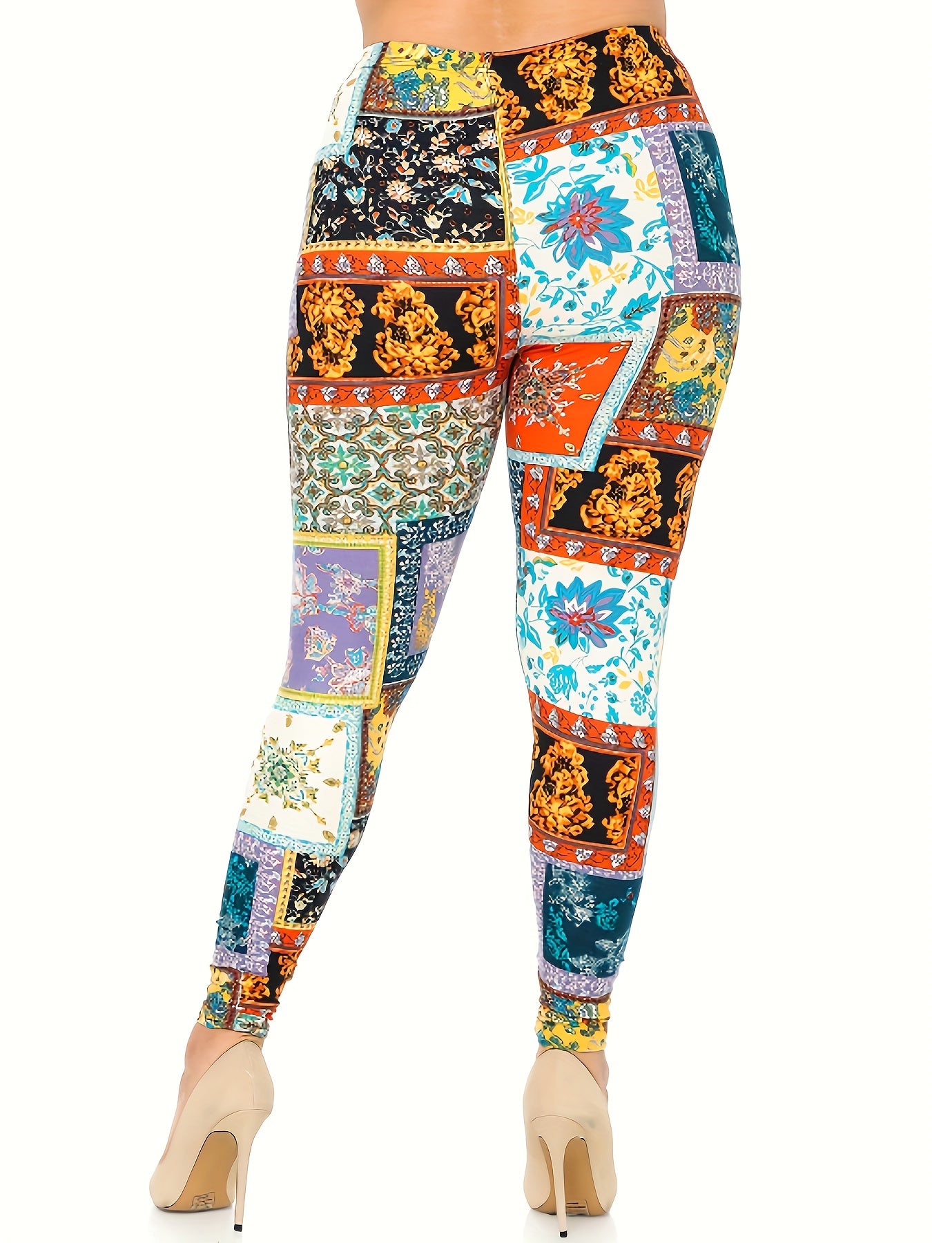Boho Patchwork Print Plus Size High Rise Leggings