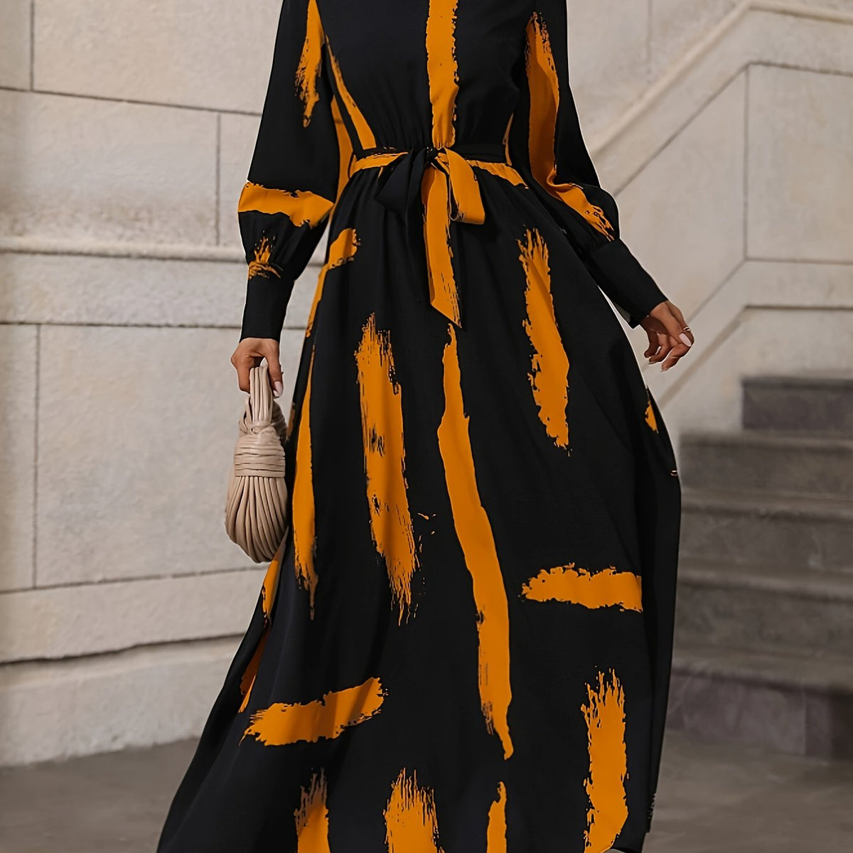  Brush Print Lantern Sleeve Maxi Dress With Belt
