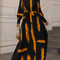  Brush Print Lantern Sleeve Maxi Dress With Belt