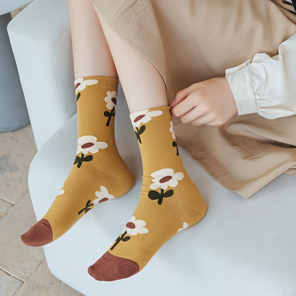 5 Pairs Floral Print Socks Women's Mid Tube Stockings & Hosiery