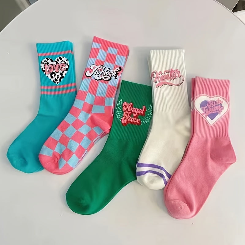 5 Pairs Letter Print Socks Comfy & Breathable Women's Stockings