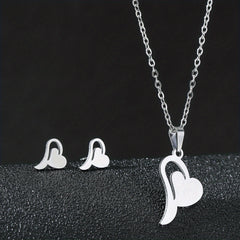 Stainless Steel Butterfly Flower Heart Stud Earrings & Necklace Set