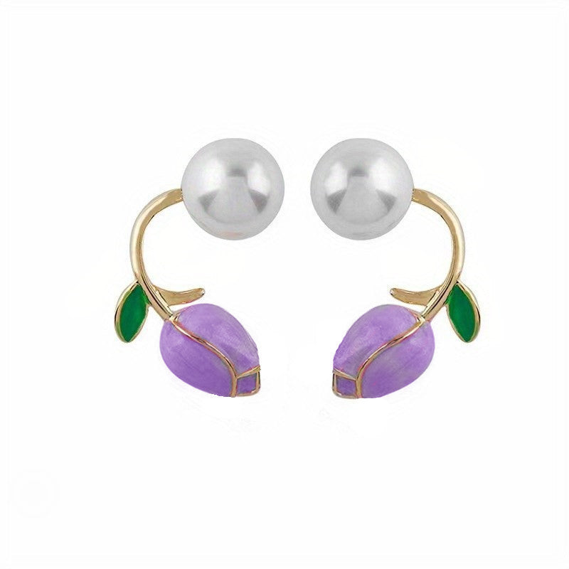 Purple Tulip Flower Pearl Stud Earrings