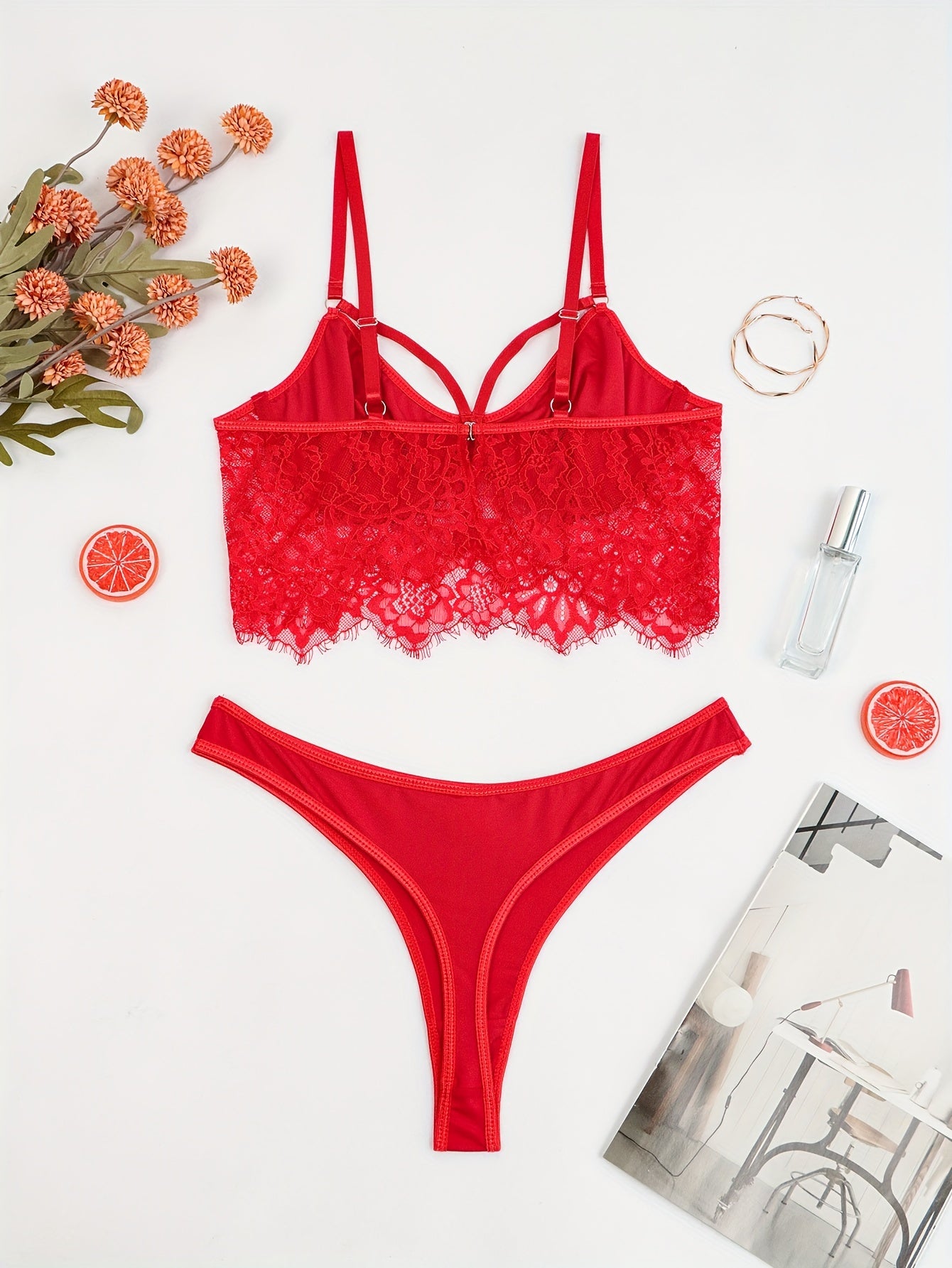  Eyelash Lace Strappy Bra & Panty Lingerie Set