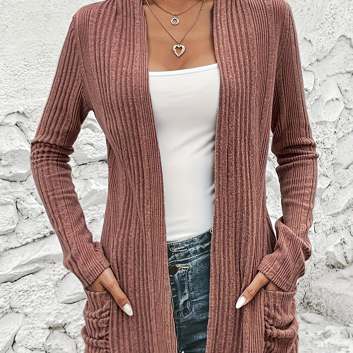  Solid Long Sleeve Open Front Cardigan With Pockets