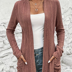  Solid Long Sleeve Open Front Cardigan With Pockets