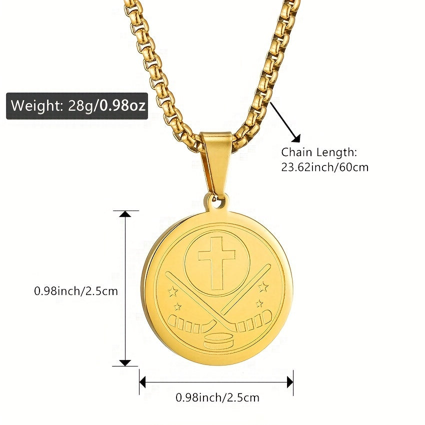 Men's Stainless Steel Ice Hockey Round Pendant Necklace