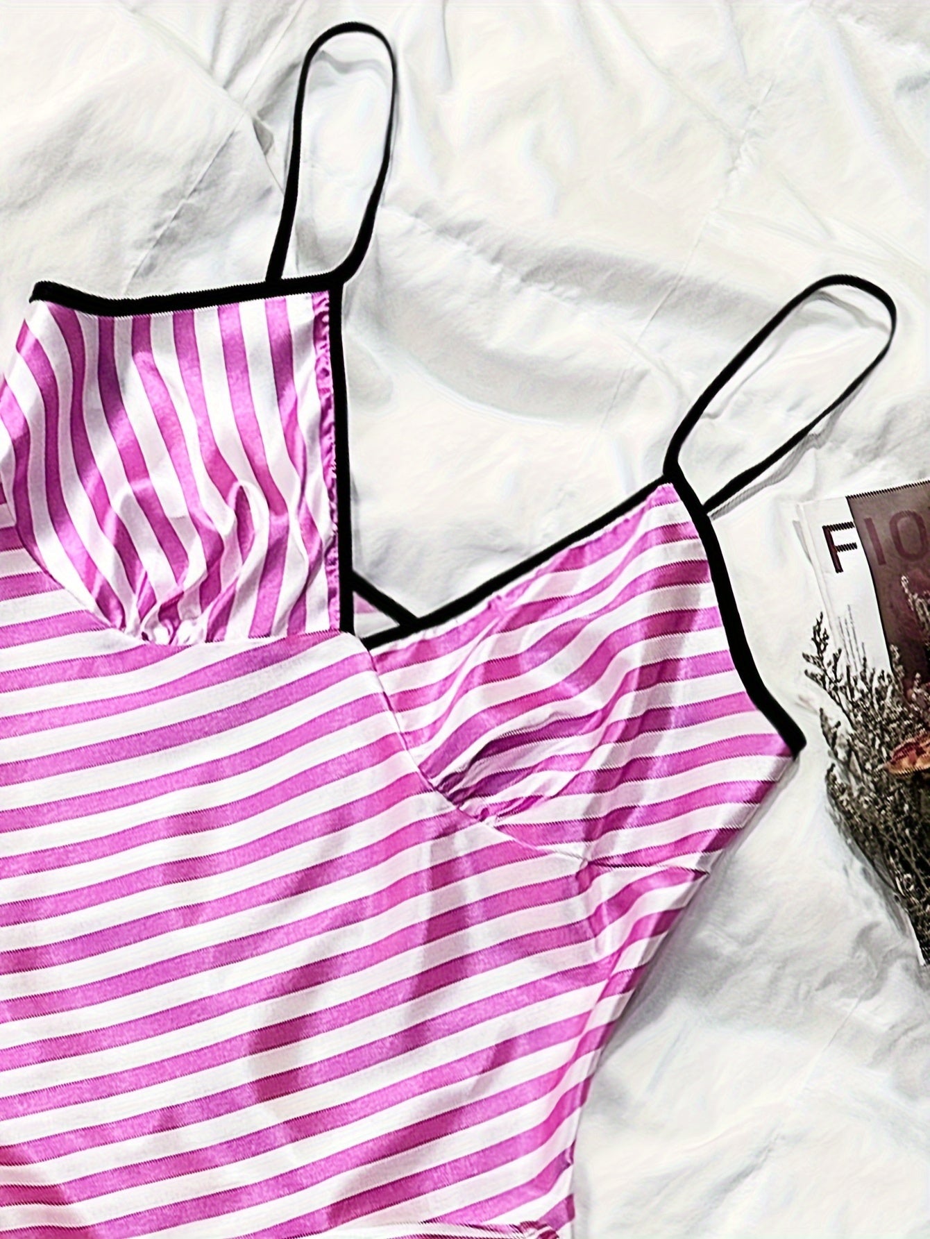 Stripe Print Pajama Set V Neck Cami Top & Pants Women's Loungewear