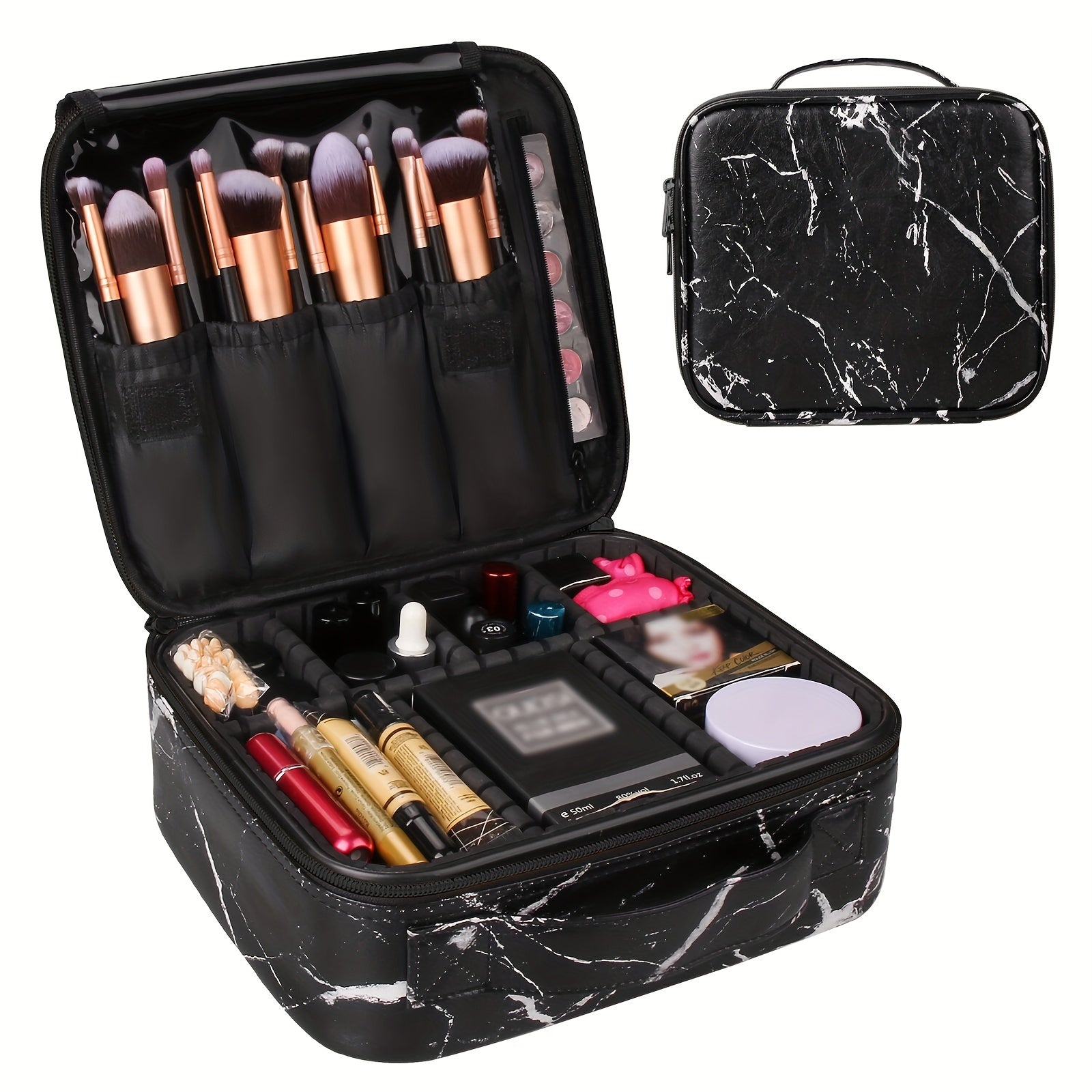 Travel Makeup Train Case Organizer Portable Storage Bag With Adjustable Dividers
