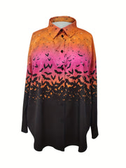  Halloween Casual Blouse Women's Plus Ombre Bat Print Long Sleeve Shirt