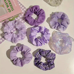 7pcs Plaid Print Scrunchie Purple Hair Tie Ponytail Holder