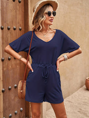 Casual V Neck Short Sleeve Summer Romper With Pockets