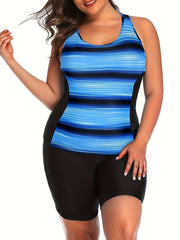  Striped Tankini Set Women's Sporty Racer Back Top & Shorts Swimsuit
