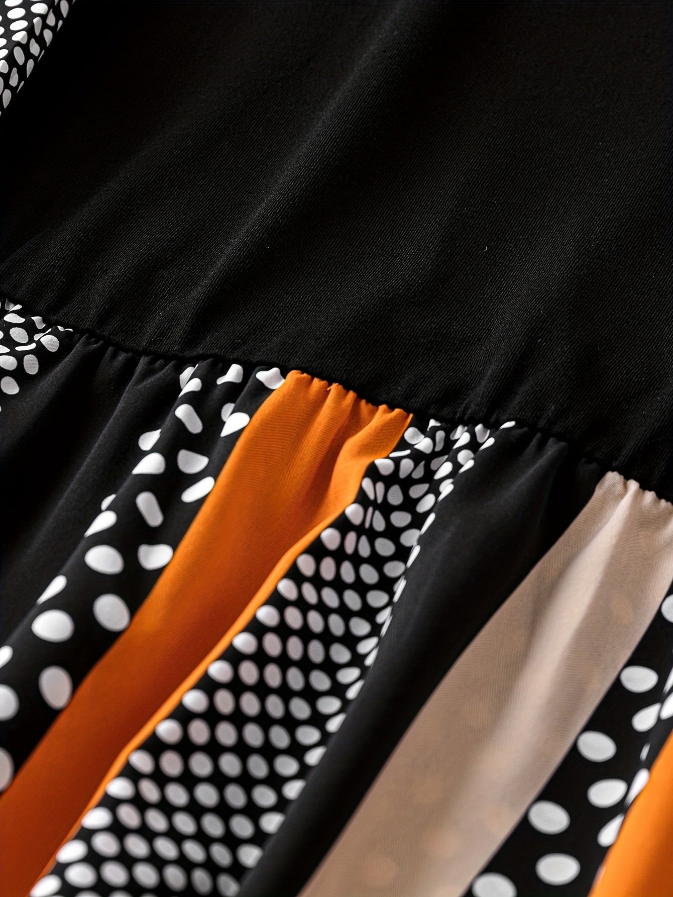  Colorblock Polka Dot Print Long Sleeve Round Neck Dress