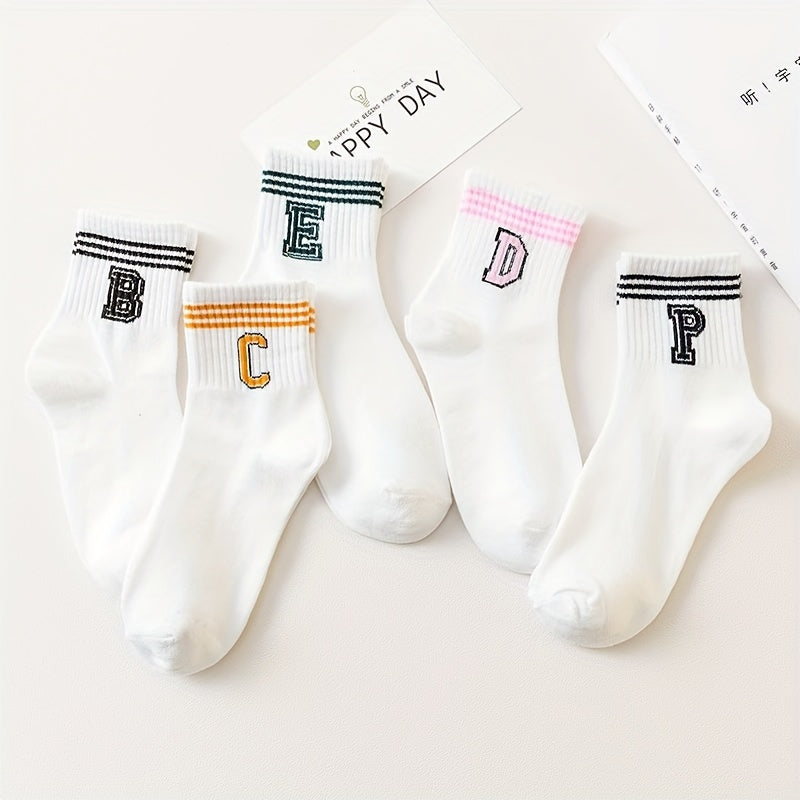 5 Pairs Letter & Stripe Print Socks Women's Mid Tube Stockings