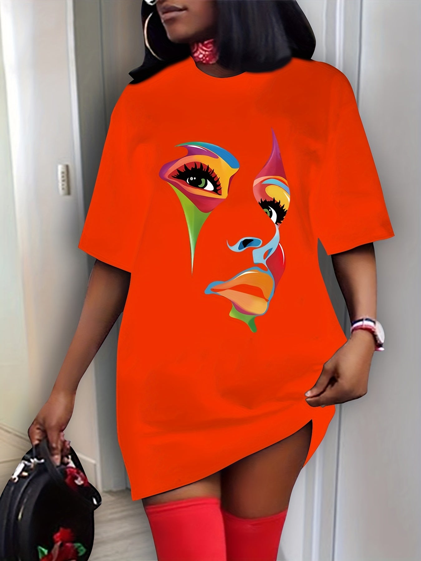  Abstract Print Short Sleeve High Stretch Dress