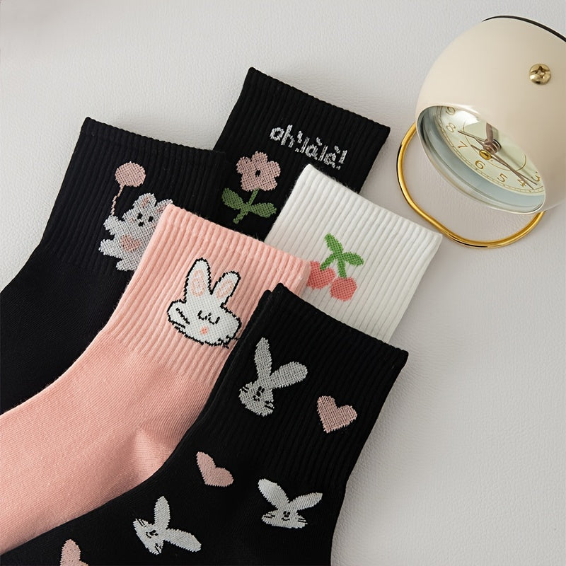 5 Pairs Bunny & Floral Print Socks Mid Tube Socks Women's Stockings