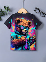 Boys Bear Graphic T-shirt Active Stretchy Short Sleeve Tee for Summer