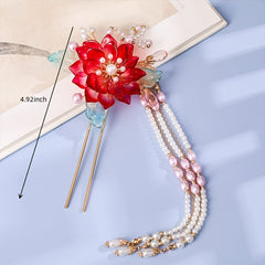 Hanfu Hairpin Faux Pearl Flower Leaf Tassel Chignon Vintage Chinese Style Cheong