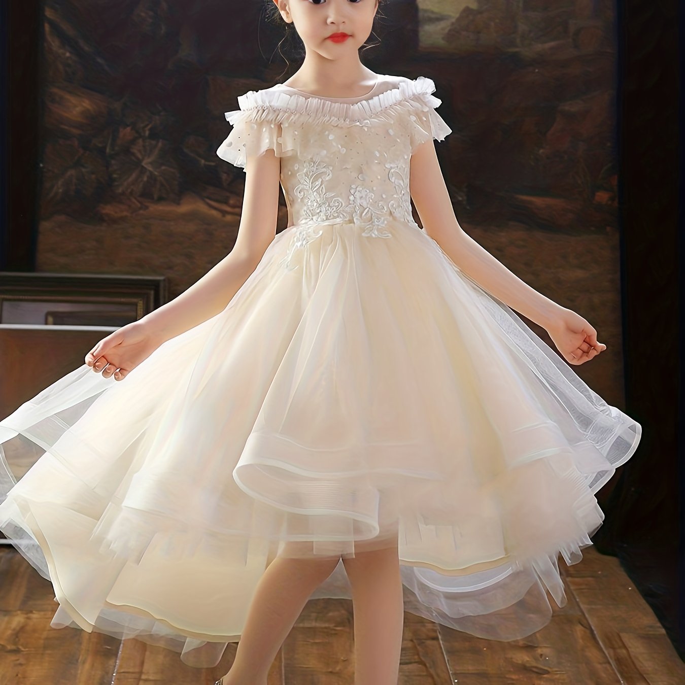 Girls Flowers Embroidery High Low Party Dress