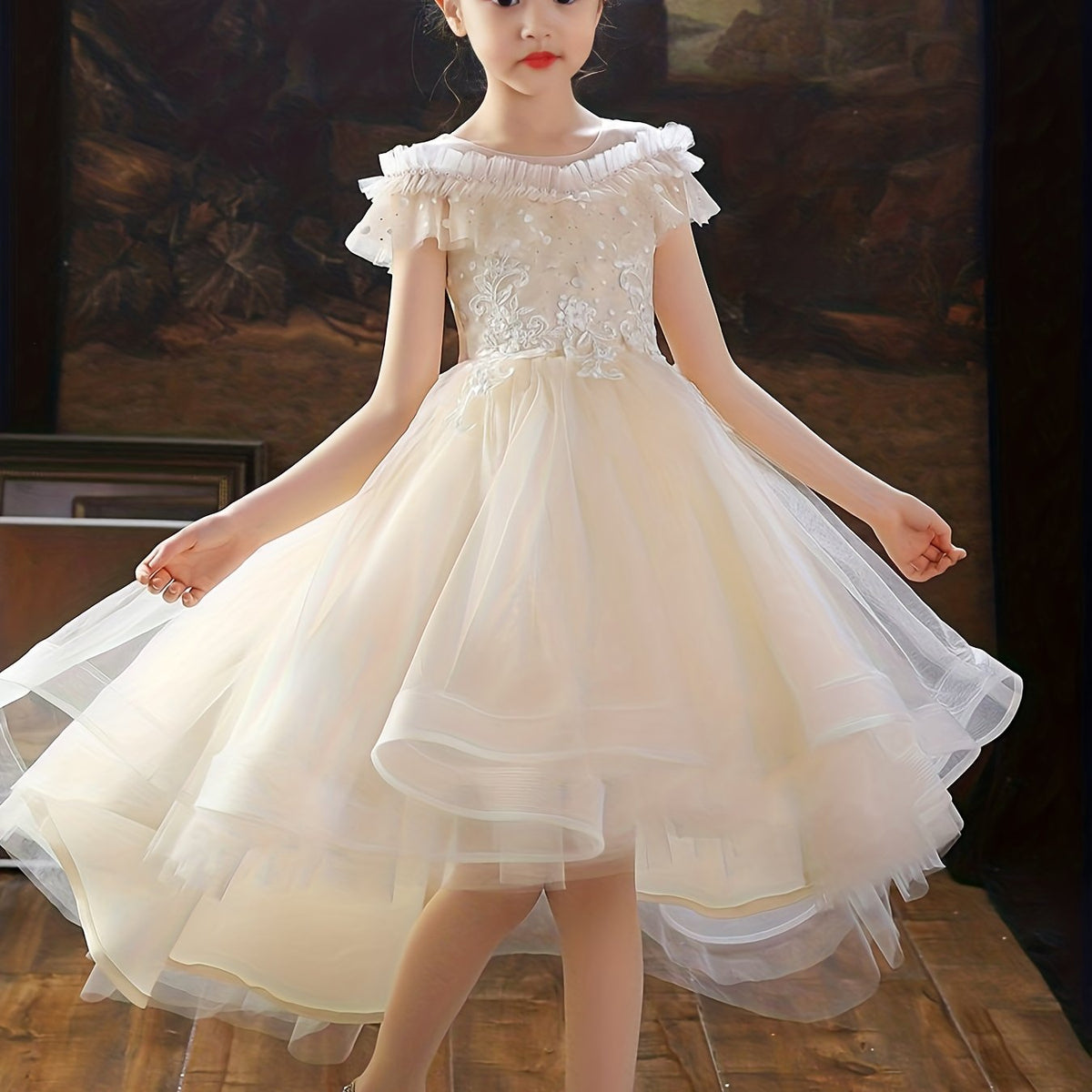 Girls Flowers Embroidery High Low Party Dress