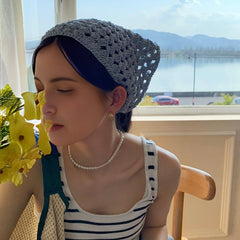 Hollow Knitted Bandana Triangle Scarf Solid Lace Up Turban Head Wrap