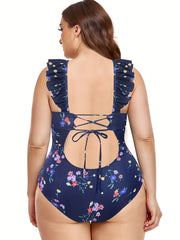  Boho Swimsuit Ditsy Floral Print Ruched V Neck One Piece Bathing Suit