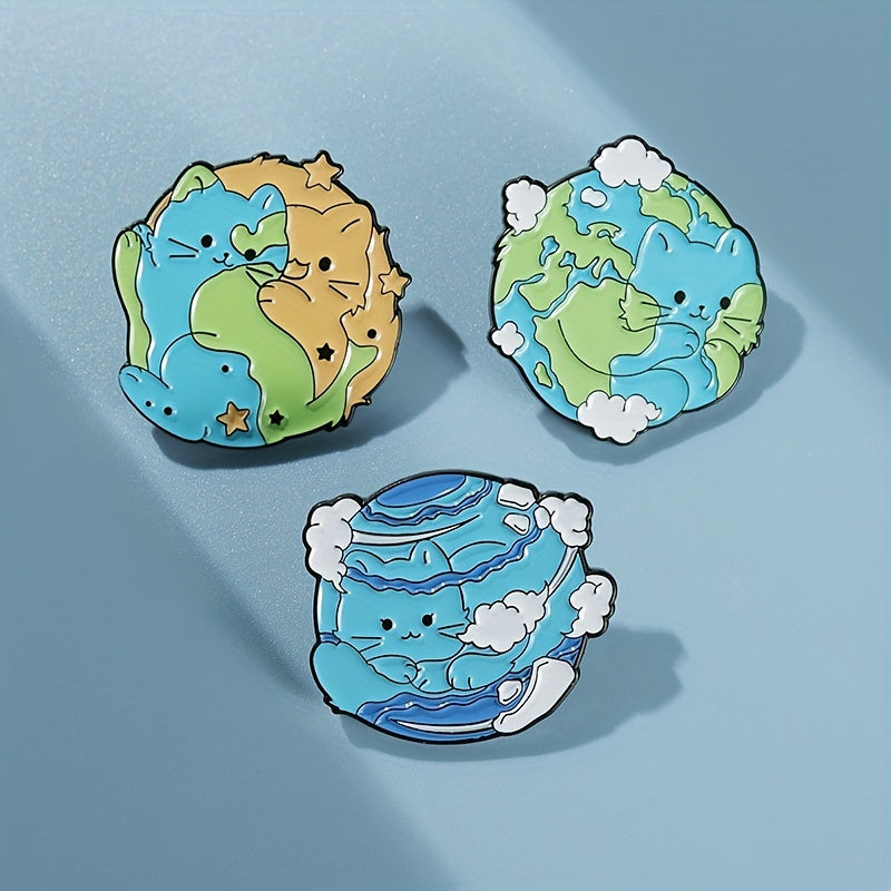 Planet Cat Enamel Brooches Pins Earth Brooches Lapel Badges Animal Jewelry Gift