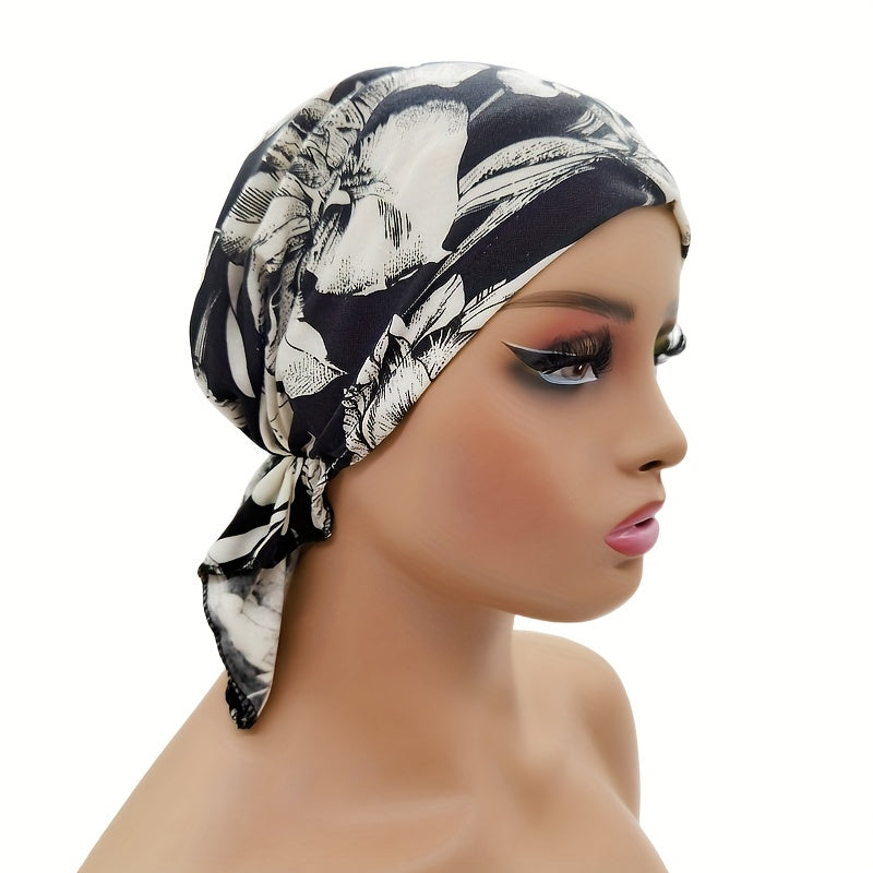 Flower Print Elastic Turban Cap Lightweight Head Scarf Women Ramadan Hijab