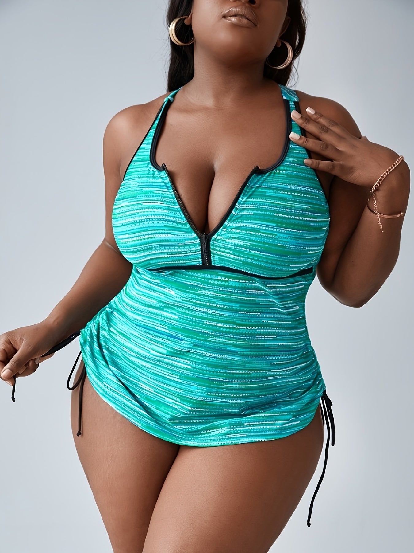  Striped Half Zip Racer Back Tank Swimsuit Set