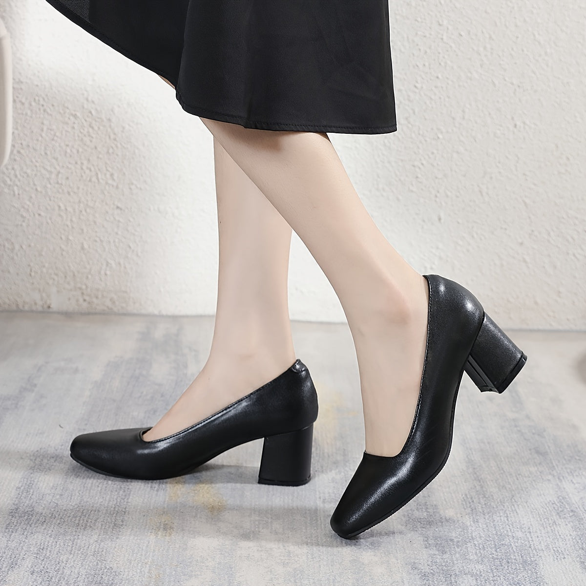 Women's Square Toe Court Pumps Black Chunky Mid Heels