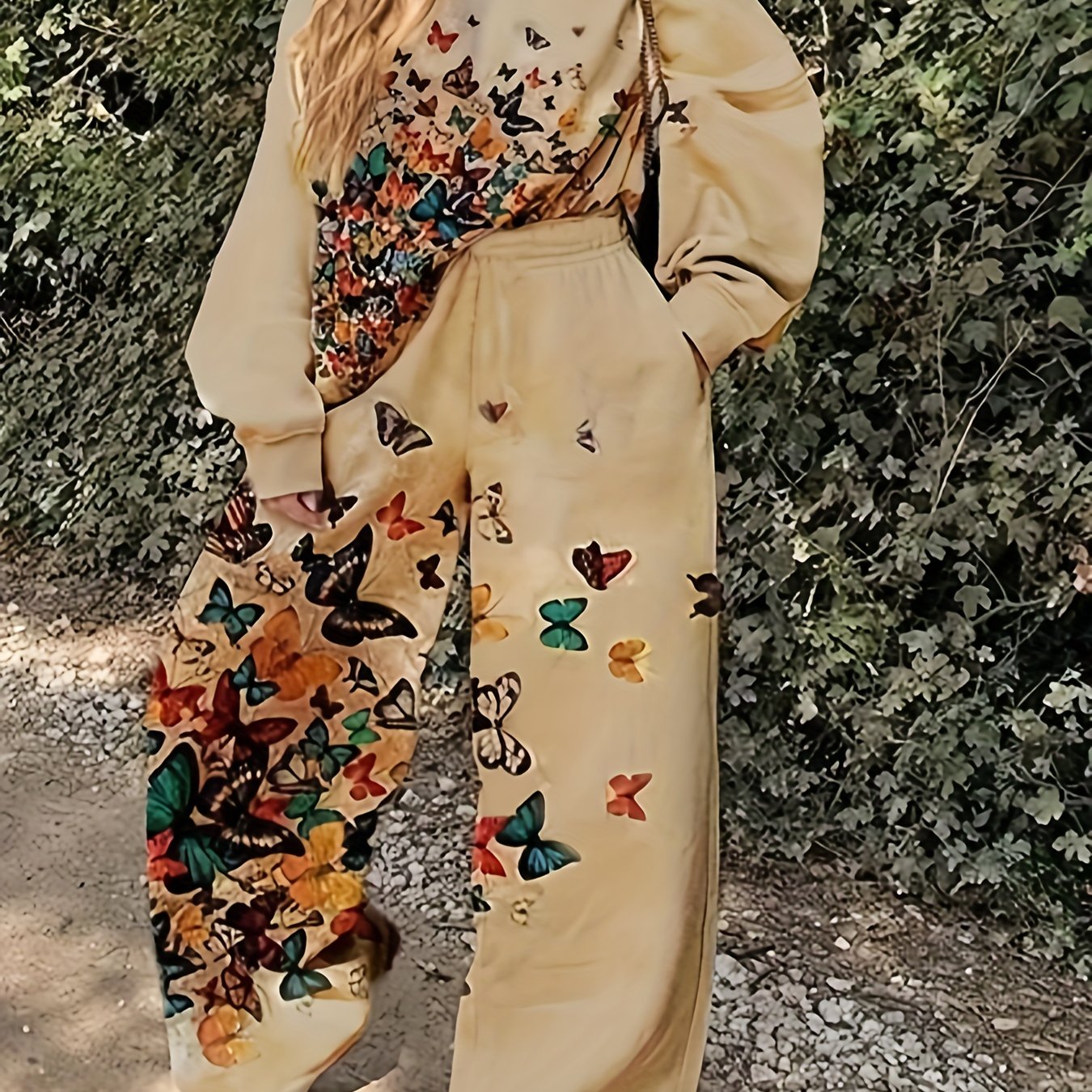  Butterfly Print Tee & Pants Set - Casual Outfit Two Piece Set