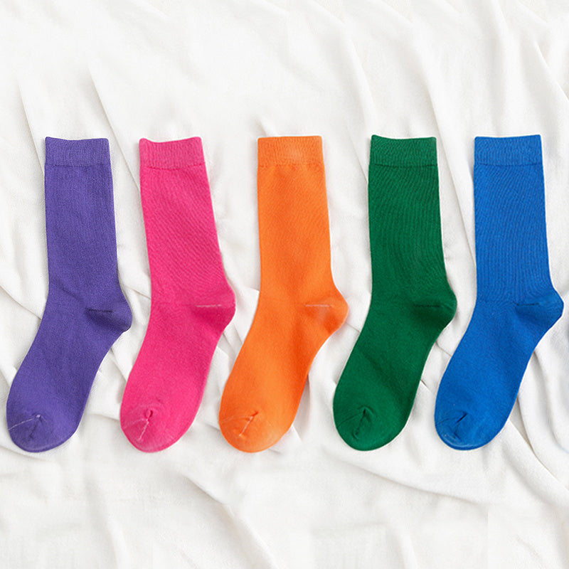 5 Pairs Crew Socks Cotton Solid Women's Stockings
