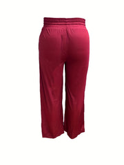  Solid Elastic Drawstring High Rise Wide Leg Trousers