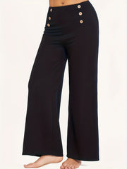  High Rise Flared Leg Trousers with Button Decor
