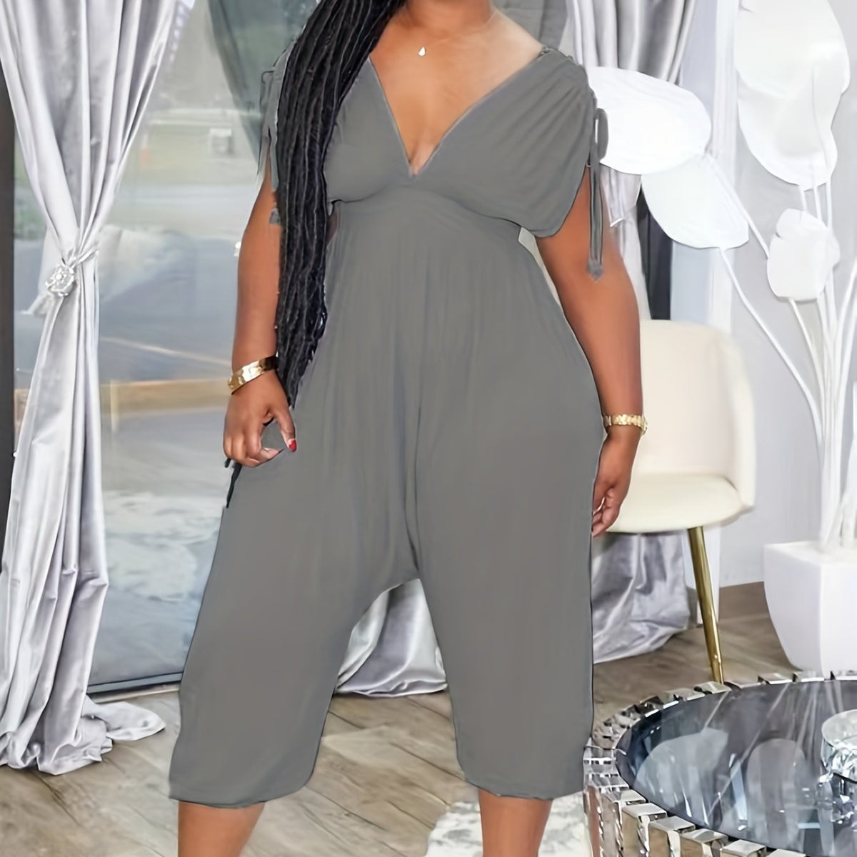 Plunge Neck Ruched Jumpsuit Wide Leg Cropped Jumpsuit