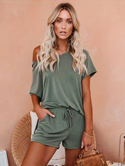 2pc Short Sleeve T Shirt & Drawstring Waist Shorts Set