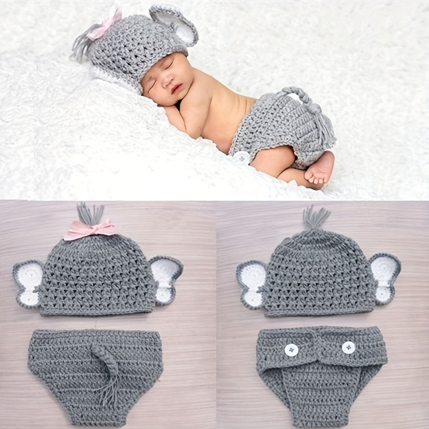 Newborn Baby Elephant Knit Crochet Hat Shorts Set Costume Photography Prop