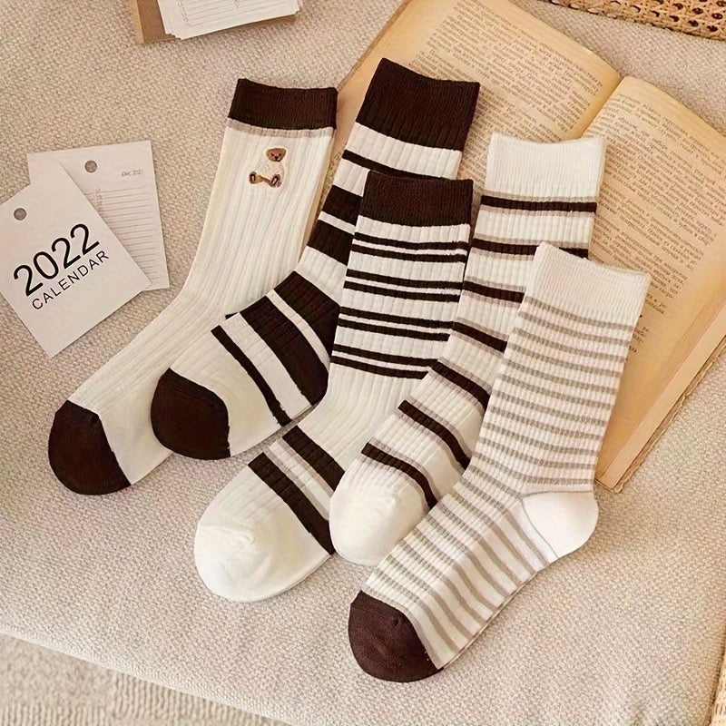5 Pairs Striped Crew Socks Comfy & Mid Tube Women's Stockings
