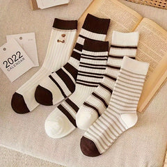 5 Pairs Striped Crew Socks Comfy & Mid Tube Women's Stockings