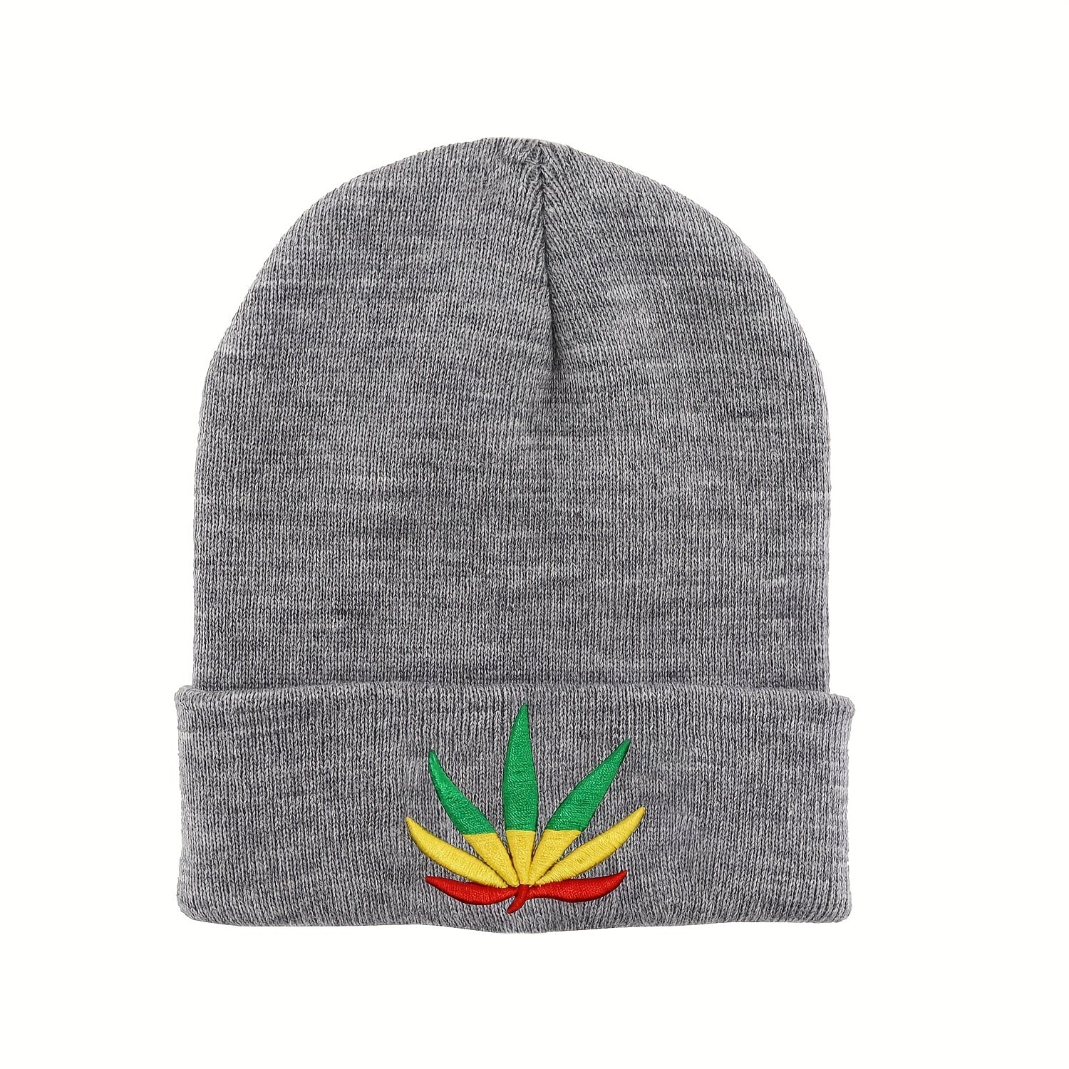 Leaf Embroidery Beanie Unisex Solid Knit Hat Warm Skull Cap